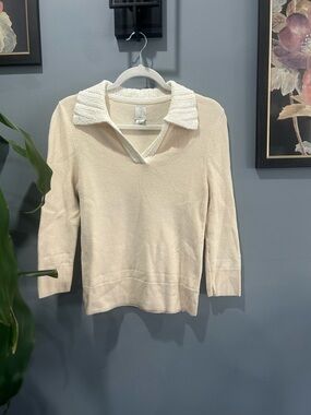 Joie Womens V-neck Sweater Creme Crochet Knit Collared  Cotton 3/4 Sleeve Career